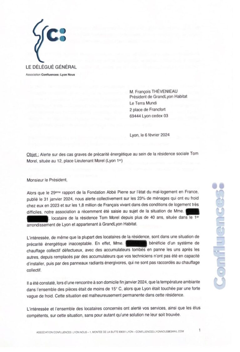 Courrier adressé par l'association à Grand Lyon Habitat (1)
